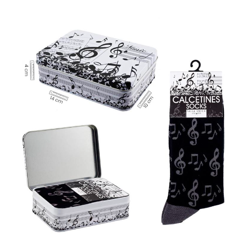 Black Socks with Grey Clefs/Notes and Tin