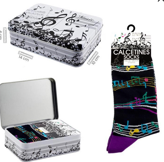 Black Socks with Purple Heels and Colorful Manuscript, Includes Tin