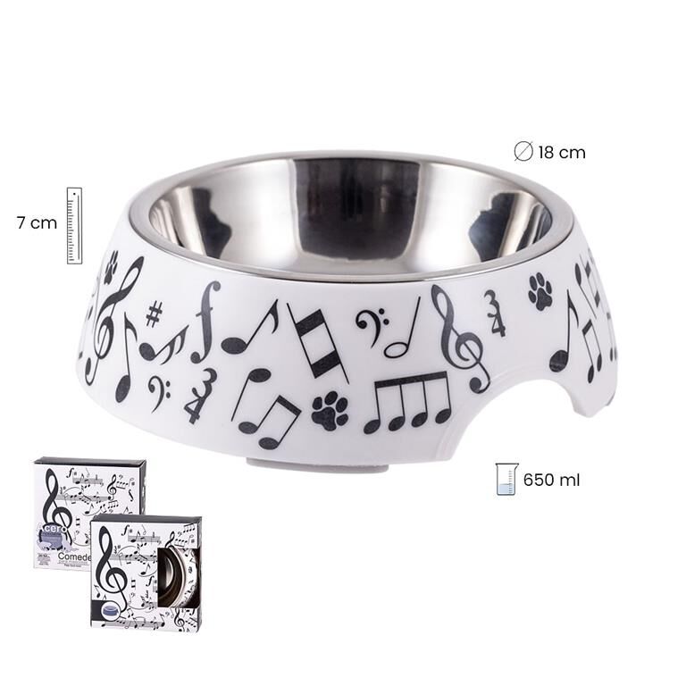 Large White Dog Bowl with Black Music Notes and Clefs