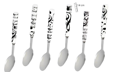 Set of 6 White Teaspoons with Black Music Notes, Clef, and Manuscript Design