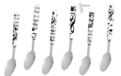 Set of 6 White Teaspoons with Black Music Notes, Clef, and Manuscript Design