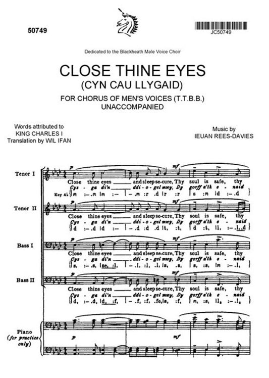 Close Thine Eyes TTBB/Piano Book