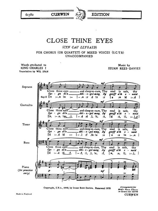 Rees Davies I Close Thine Eyes SATB Piano