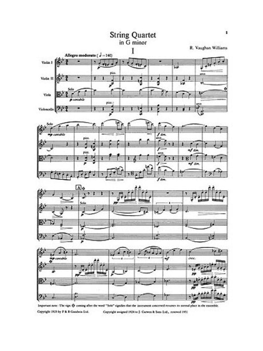 Vaughan Williams: String Quartet In G Min Score Book