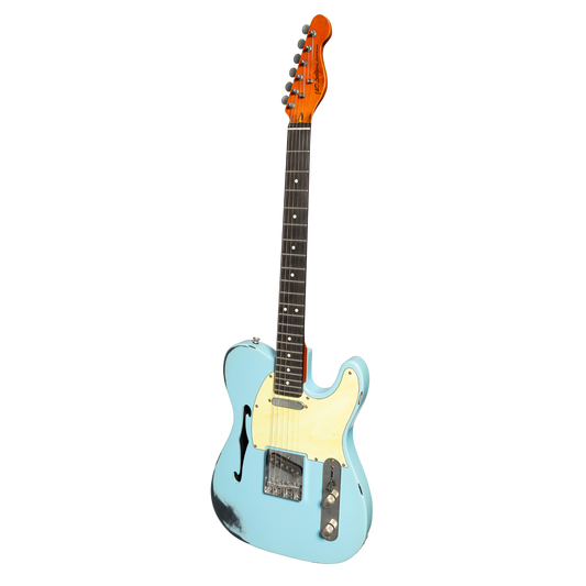 J&D Legacy Series TE-Style Thinline Relic Electric Guitar - Vintage Blue, Semi-Hollow Alder, 6 Strings, 3-Way Switch, 22 Frets