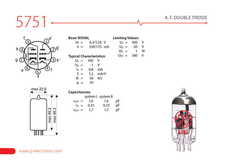 JJ Electronic 5751 Preamplifying Tube - A.F. Double Triode for 12AX7 Circuits — view 2