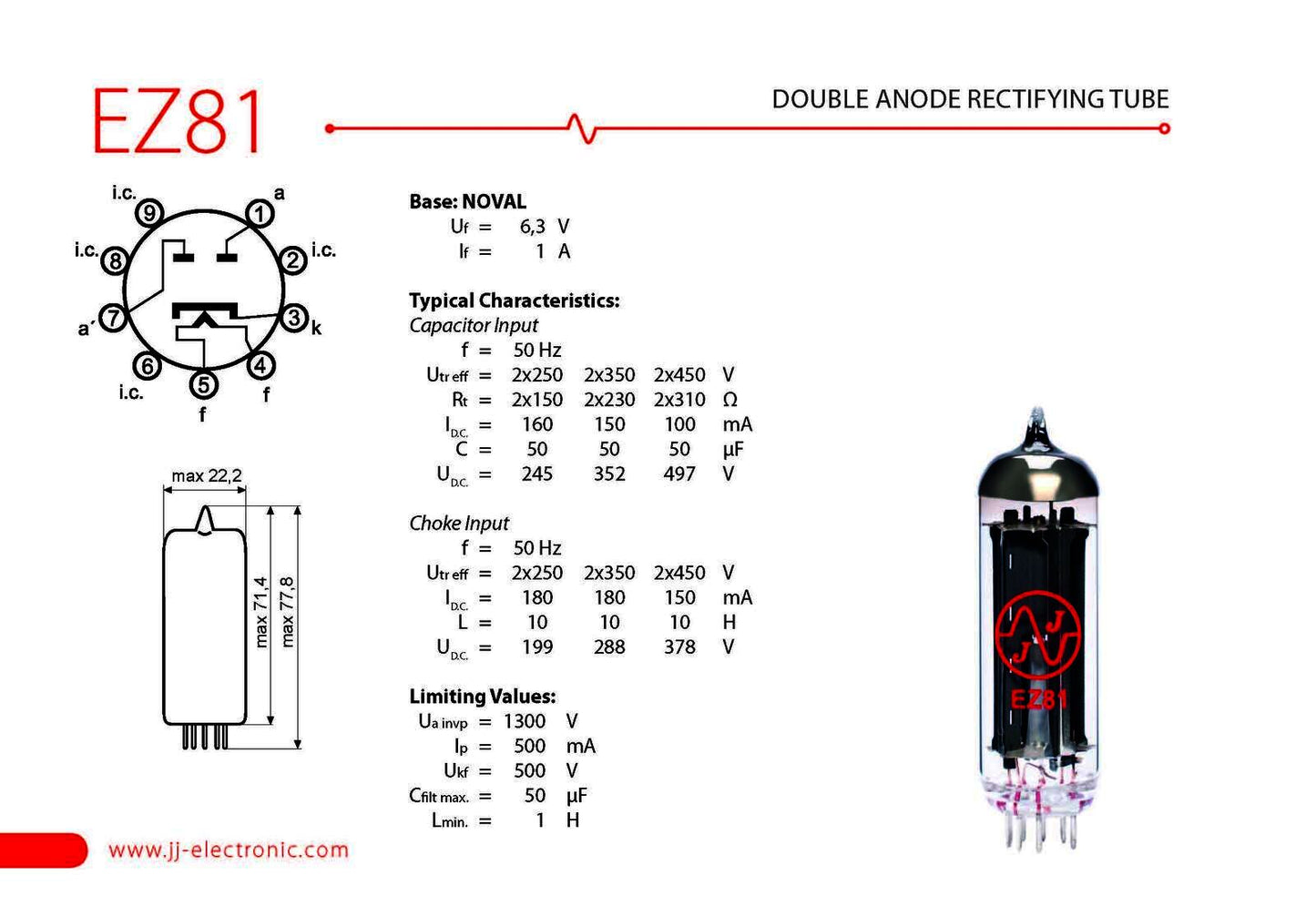 JJ Electronic EZ81/6CA4 Double Anode Rectifying Tube for Guitar and HiFi Amplifiers — view 2
