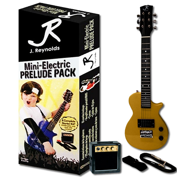 J.Reynolds Mini LP Electric Guitar Prelude Starter Pack Gold with RMS Mini Amplifier, strap, cable, and pick for beginners
