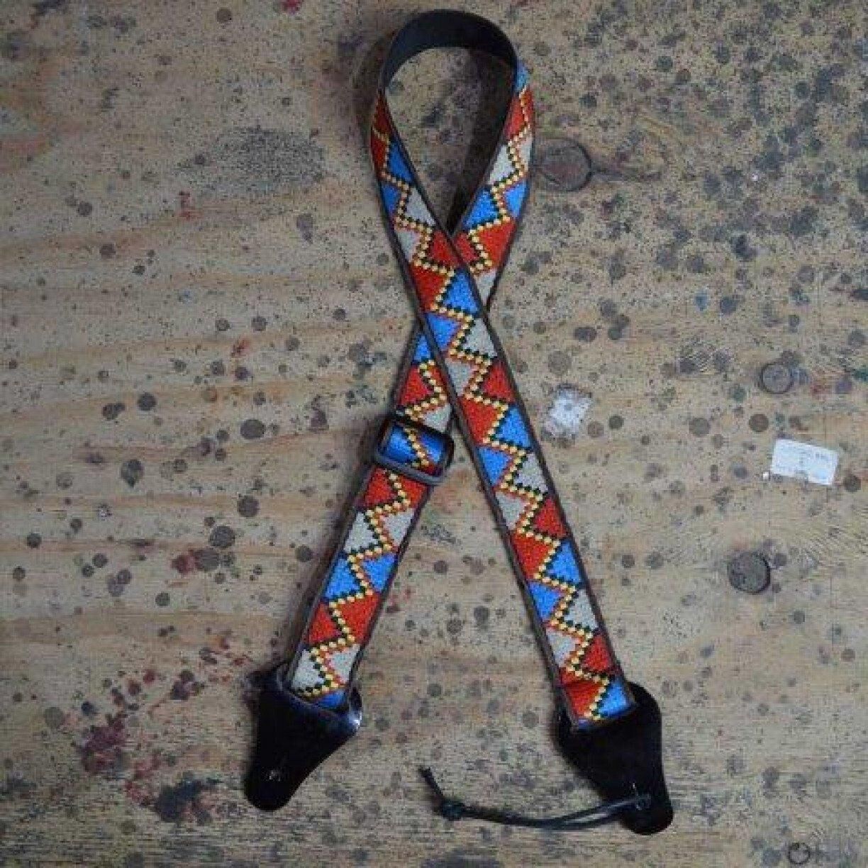 Colonial Leather Jacquard Ukulele Strap Red Yellow Blue 40mm with Leather Ends