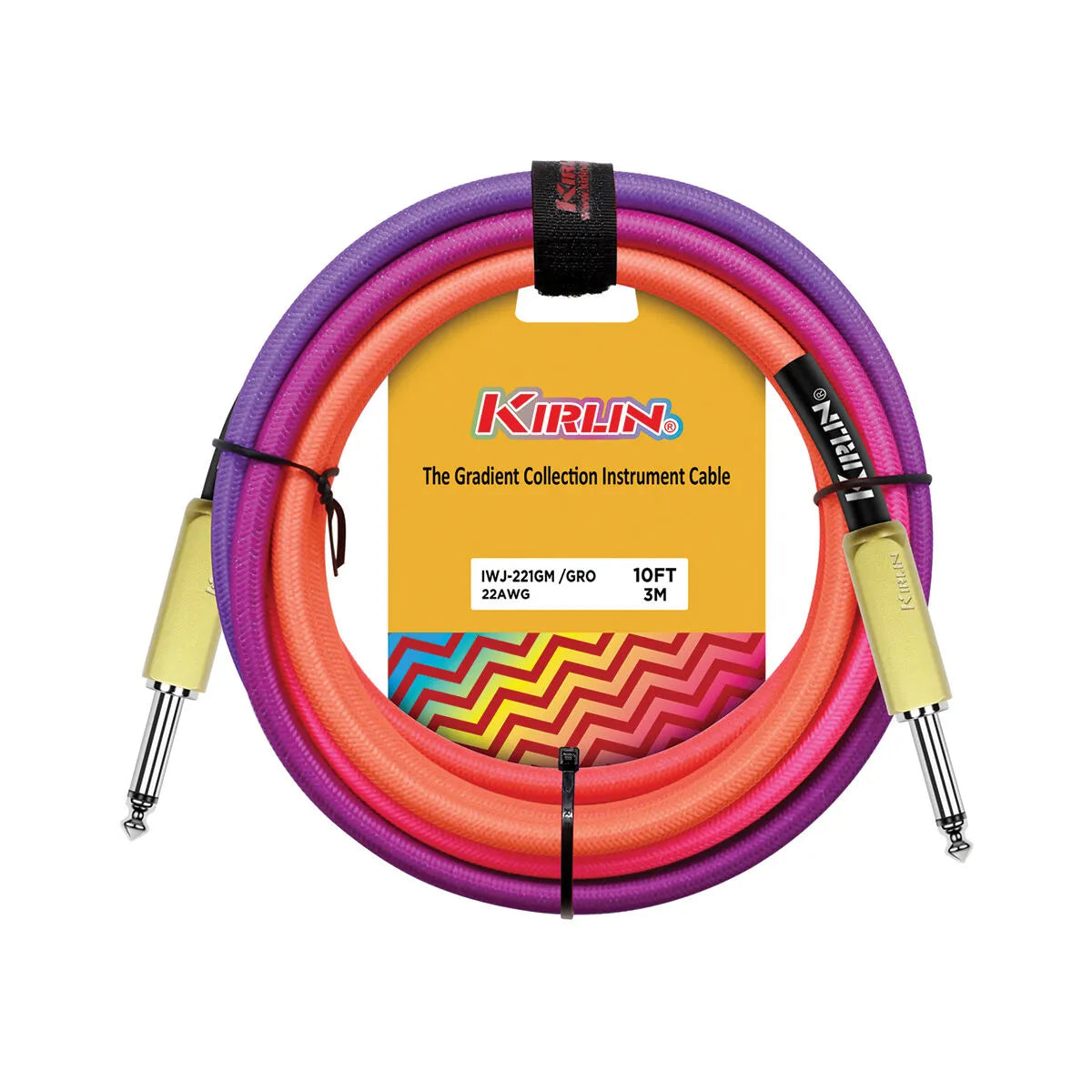 Kirlin 10FT Gradient Instrument Cable Pink to Orange with 1/4" Mono Plugs - Premium 22-Gauge Copper Conductor, 90% Spiral Shielding — view 3