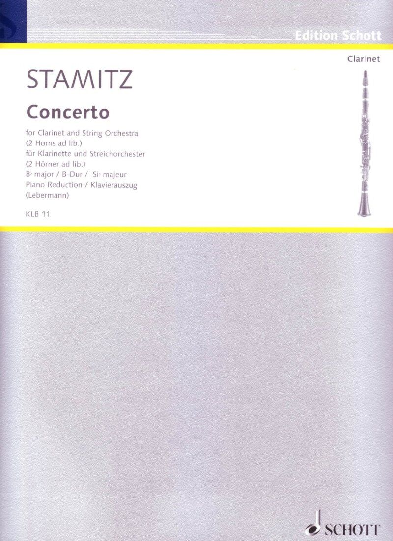 Stamitz Concerto in B Flat for Clarinet and Piano, Publisher Schott Music, 38 Pages