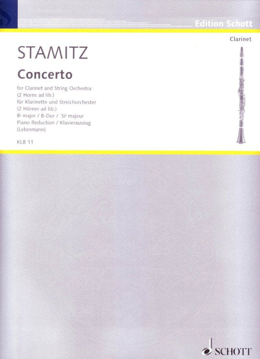 Stamitz Concerto in B Flat for Clarinet and Piano, Publisher Schott Music, 38 Pages