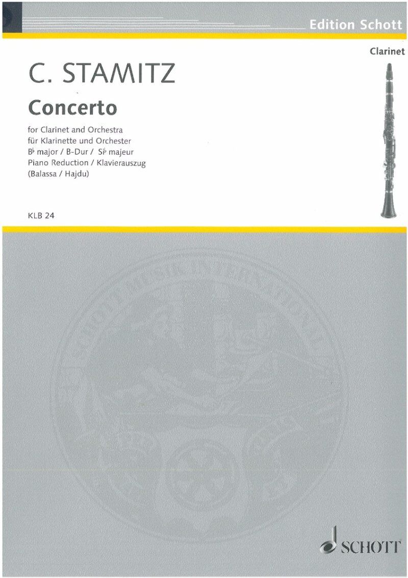 Stamitz - Darmstadt Concerto No. 2 in B Flat for Clarinet and Piano, 31 Pages, Published by Schott Music