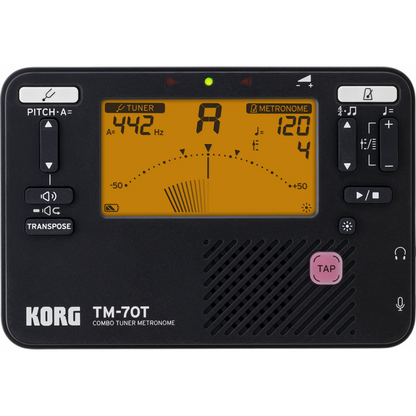KORG TM-70 Tuner Metronome with Contact Mic - Compact, High-Precision, Improved Display, Transpose Function, Made in Japan, Black