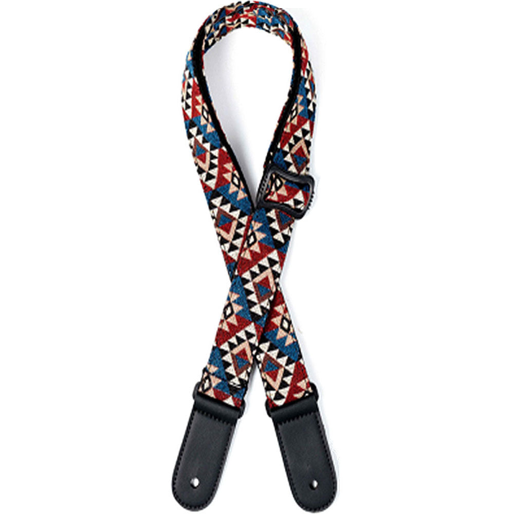 Kealoha 1.5" Cotton/Linen Ukulele Strap - Mexican Aztec Triangles Design, Adjustable Length 23" to 50", Leatherette Black Ends