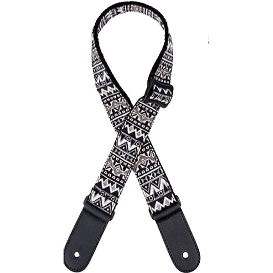 Kealoha 1.5" Cotton/Linen Ukulele Strap Black & White Aztec Design with Adjustable Length and Leatherette Ends