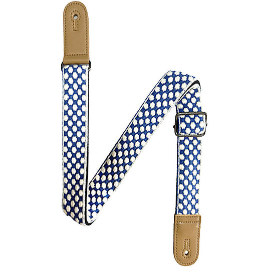 Kealoha 1.5" Blue Embroidered Ukulele Strap with White Dots and Brown Ends