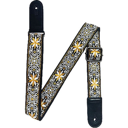 Kealoha 1.5" Embroidered Ukulele Strap Gold & White Flower Aztec Pattern Black Ends