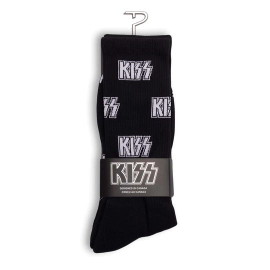 Perris Licensed KISS All Over Logo Large Crew Socks - Black (1 Pair)