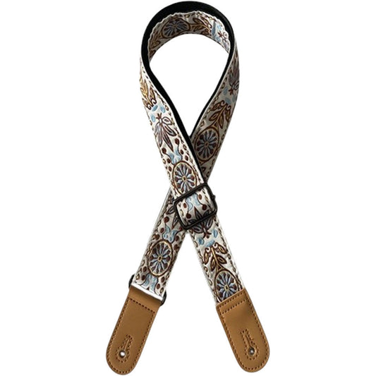 Kealoha 1.5" Embroidered Ukulele Strap - Flower & Wheel Aztec Pattern with Brown Ends
