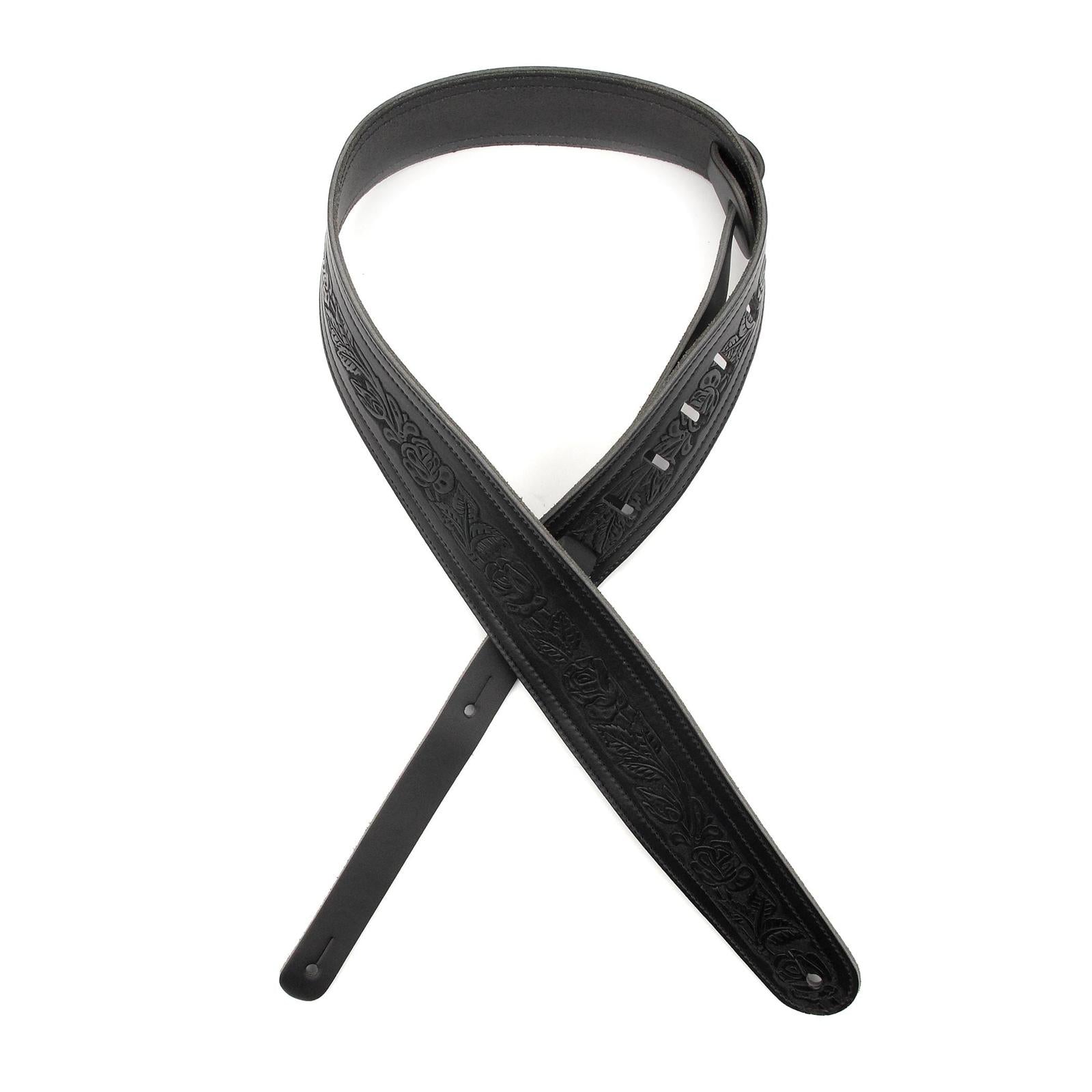 2.5 Inch Leather Guitar Strap, Embossed Flowers - Black, by D'Addario
