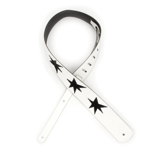 2.5 Inch Leather Guitar Strap, Star Icon Patches - White w/ Black, by D'Addario
