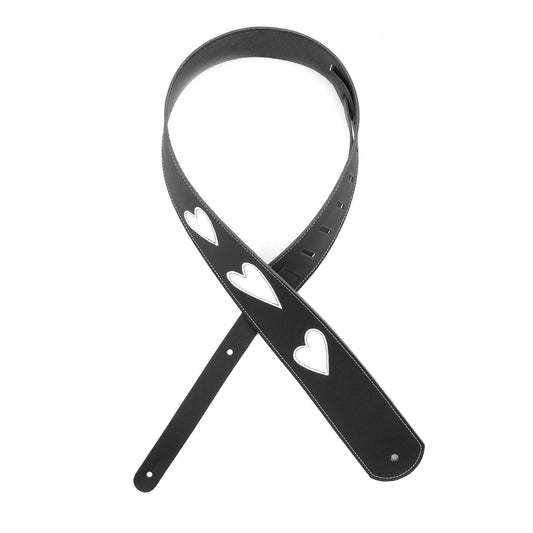 2.5 Inch Leather Guitar Strap, Heart Icon Patches - Black w/ White, by D'Addario