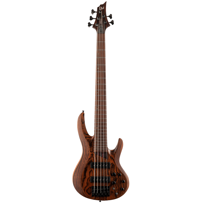 LTD B-1005 NS 5 String Bass with Bocote Top, 34" Scale, Swamp Ash Body, Wenge/Purple Heart Neck, Macassar Ebony Fingerboard, Natural Satin Finish