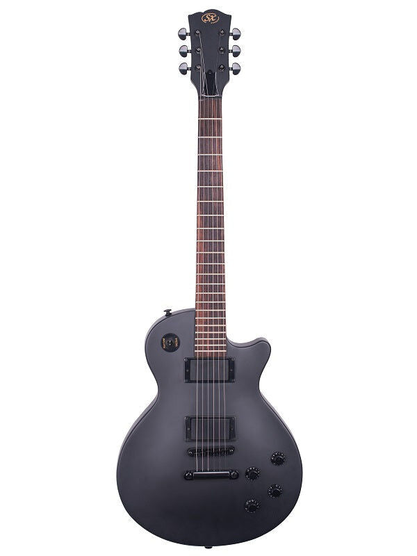 SX LP Style Electric Guitar with Set Neck, Black Finish, 2 Humbucker Pickups, Rosewood Fingerboard, 22 Frets, Includes Guitar Guide