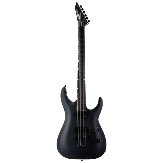 LTD MH-1000 Baritone Guitar in Black Satin with 27” Scale, Mahogany Body, Maple Neck, EMG Pickups, and Locking Tuners