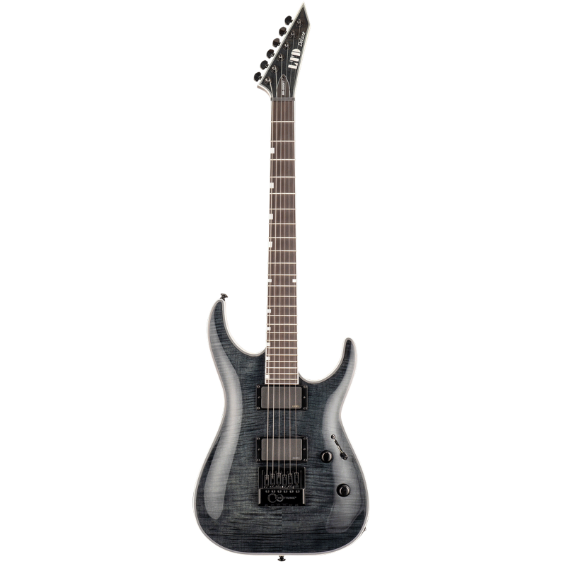 LTD MH-1000ET EverTune Guitar with Flamed Maple Top, See Thru Black Finish, EMG Pickups, Ebony Fingerboard, and Grover Tuners