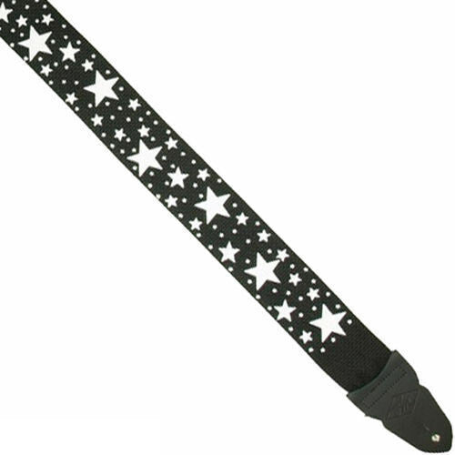 LM - 2 Inch Poly Guitar Strap, Black With White Various Sized Stars Design *NEW*
