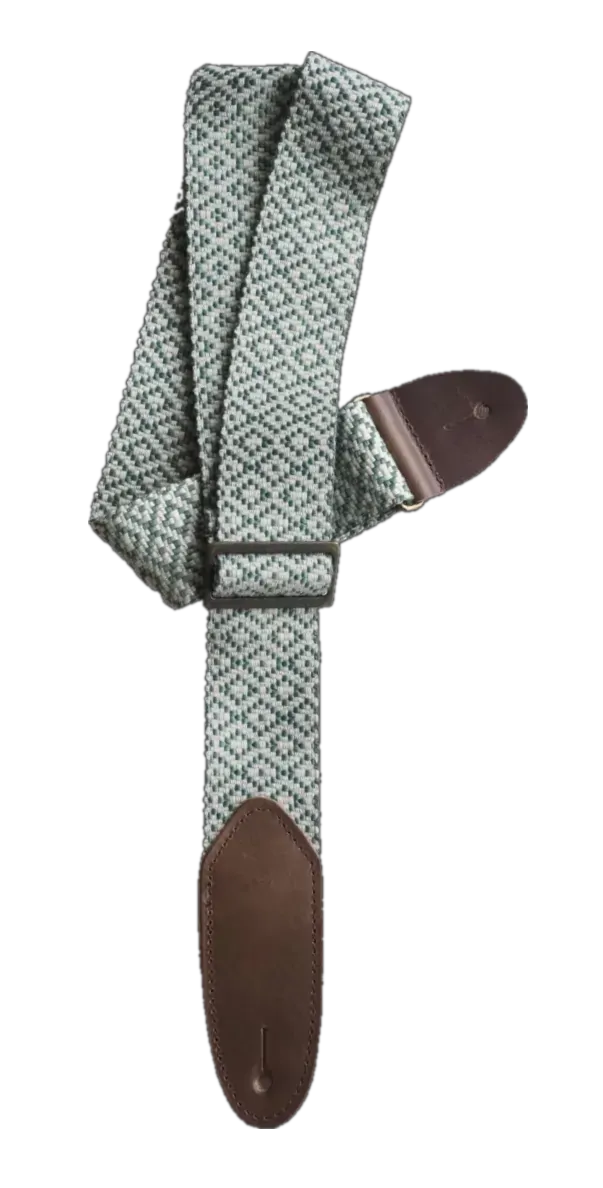 LM 2in Tapestry Guitar Strap - Green Jacquard with Brown Leather Ends — view 2