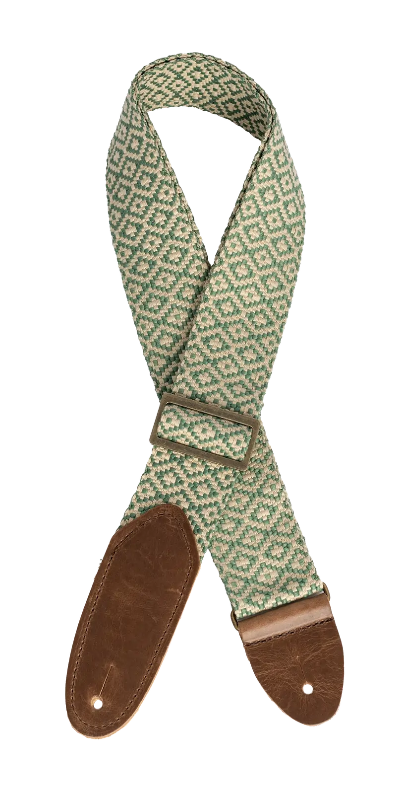 LM 2in Tapestry Guitar Strap - Green Jacquard with Brown Leather Ends