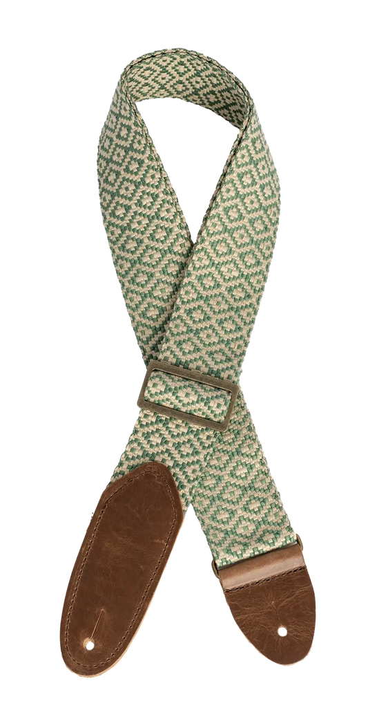 LM 2in Tapestry Guitar Strap - Green Jacquard with Brown Leather Ends