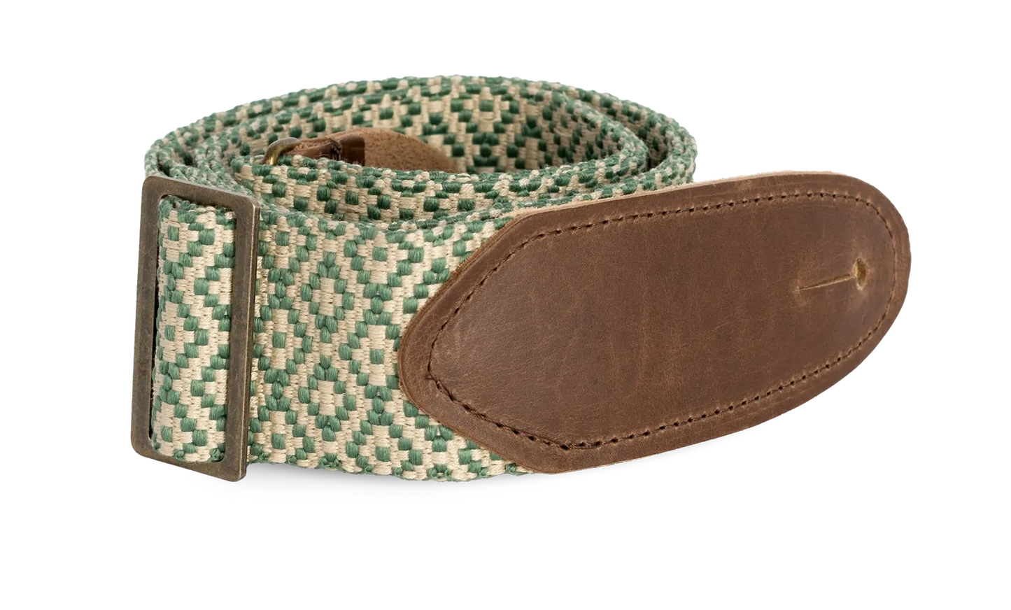 LM 2in Tapestry Guitar Strap - Green Jacquard with Brown Leather Ends — view 3