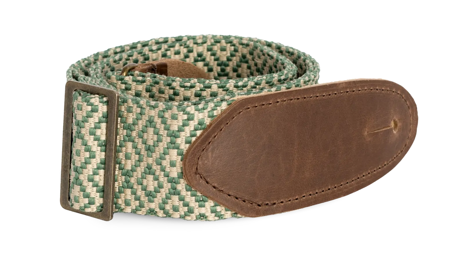 LM 2in Tapestry Guitar Strap - Green Jacquard with Brown Leather Ends — view 3
