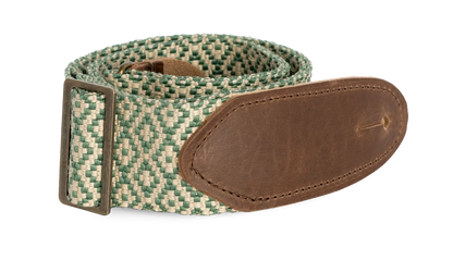 LM 2in Tapestry Guitar Strap - Green Jacquard with Brown Leather Ends — view 3
