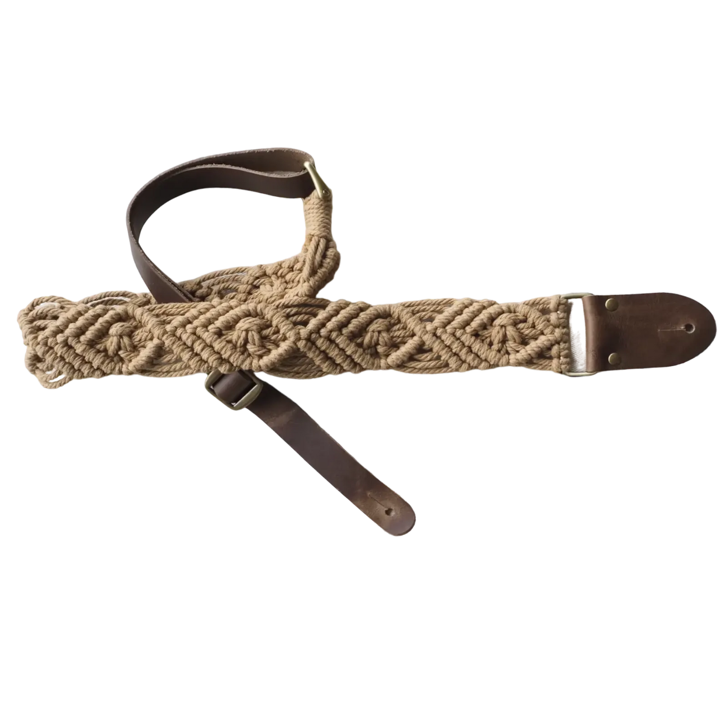 LM 2" Beige Cotton Macrame Guitar Strap with Leather Ends — view 3