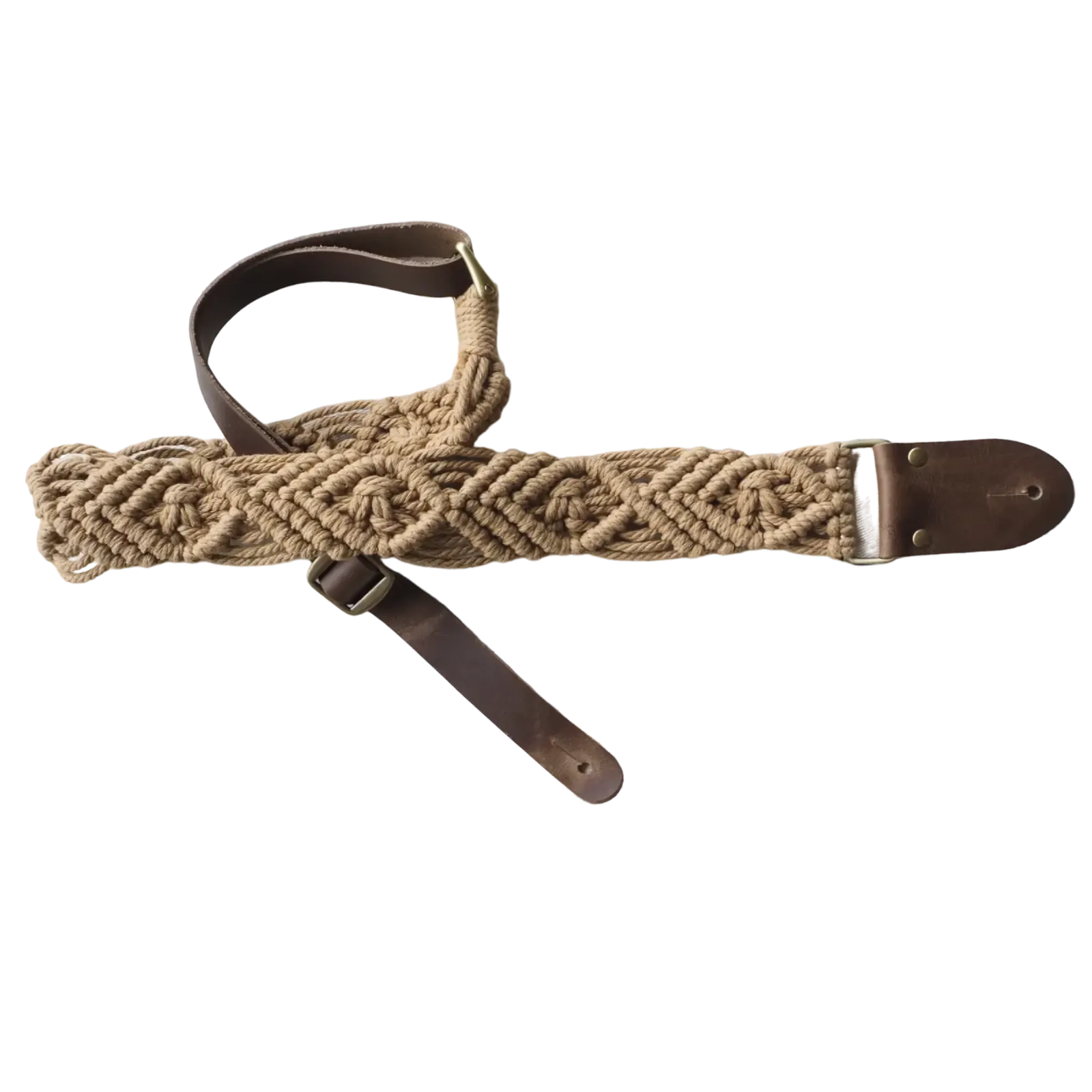 LM 2" Beige Cotton Macrame Guitar Strap with Leather Ends — view 3