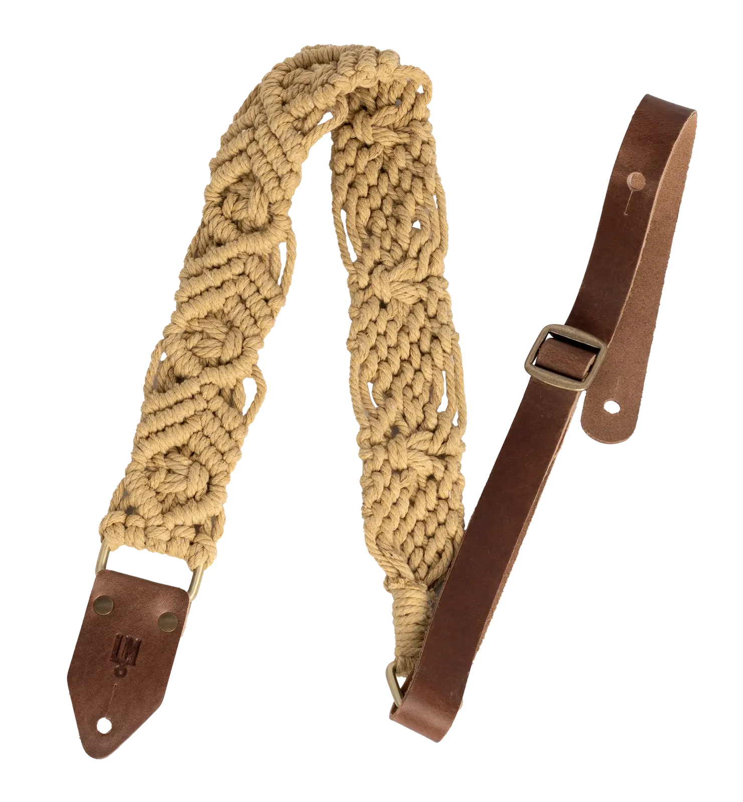 LM 2" Beige Cotton Macrame Guitar Strap with Leather Ends
