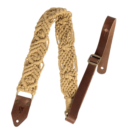 LM 2" Beige Cotton Macrame Guitar Strap with Leather Ends