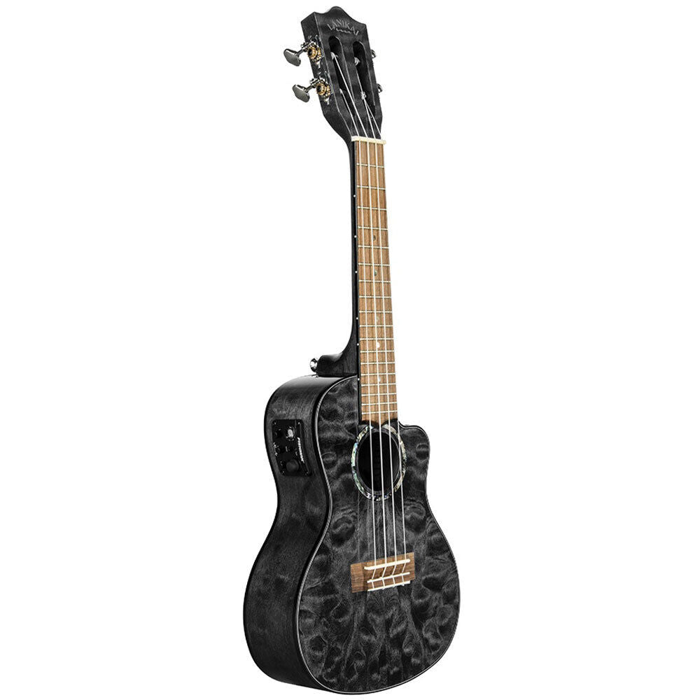 Lanikai Quilted Maple Tenor AC/EL Ukulele with Fishman Kula Preamp, Gloss Black Finish, Foam Case, D'Addario Strings, Grover Tuners — view 2