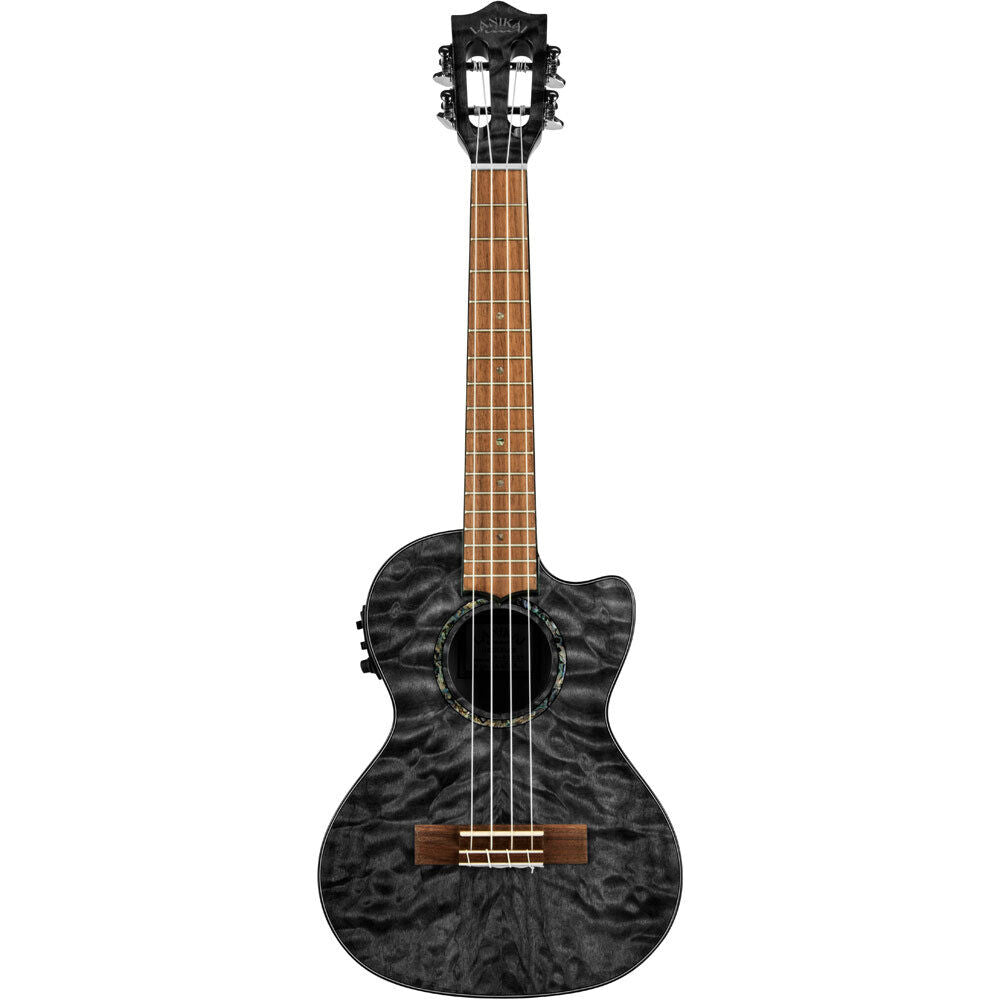 Lanikai Quilted Maple Tenor AC/EL Ukulele with Fishman Kula Preamp, Gloss Black Finish, Foam Case, D'Addario Strings, Grover Tuners