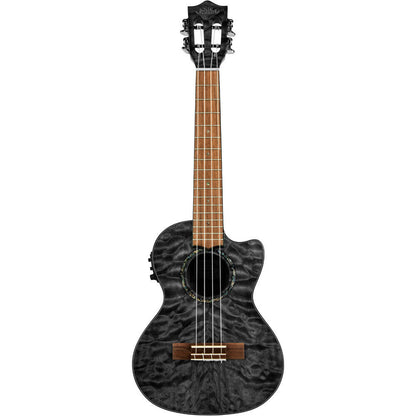 Lanikai Quilted Maple Tenor AC/EL Ukulele with Fishman Kula Preamp, Gloss Black Finish, Foam Case, D'Addario Strings, Grover Tuners