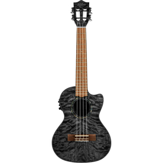 Lanikai Quilted Maple Tenor AC/EL Ukulele with Fishman Kula Preamp, Gloss Black Finish, Foam Case, D'Addario Strings, Grover Tuners