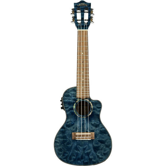 Lanikai Quilted Maple Concert AC/EL Ukulele Blue Stain Gloss Finish with Fishman Kula Preamp and Tuner, Case Included