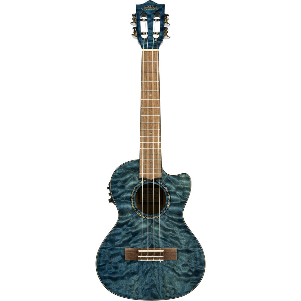 Lanikai Quilted Maple Tenor AC/EL Ukulele with Fishman Kula Preamp in Blue Stain Gloss Finish