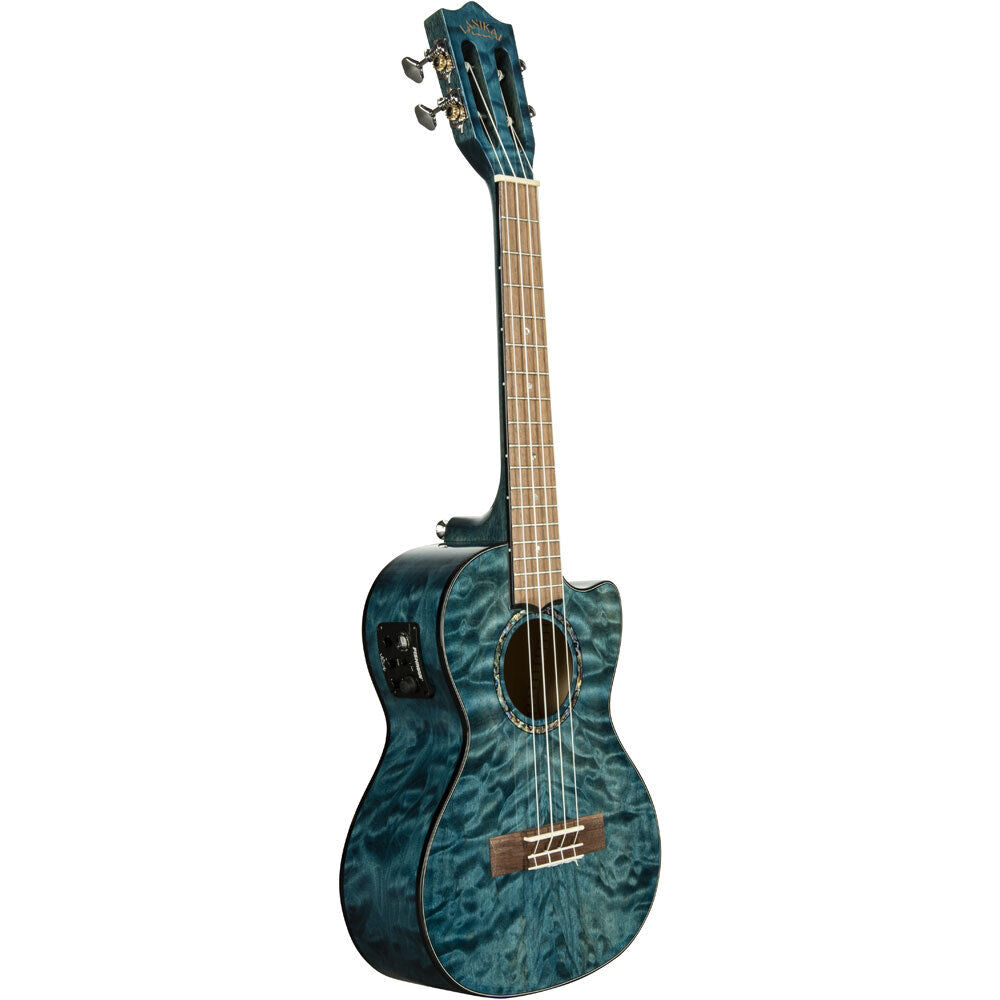 Lanikai Quilted Maple Tenor AC/EL Ukulele with Fishman Kula Preamp in Blue Stain Gloss Finish — view 2