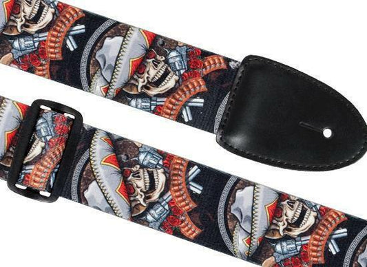 XTR Guitar Strap Bandito Skulls Design 2 Inch Poly Cotton, Leather Ends